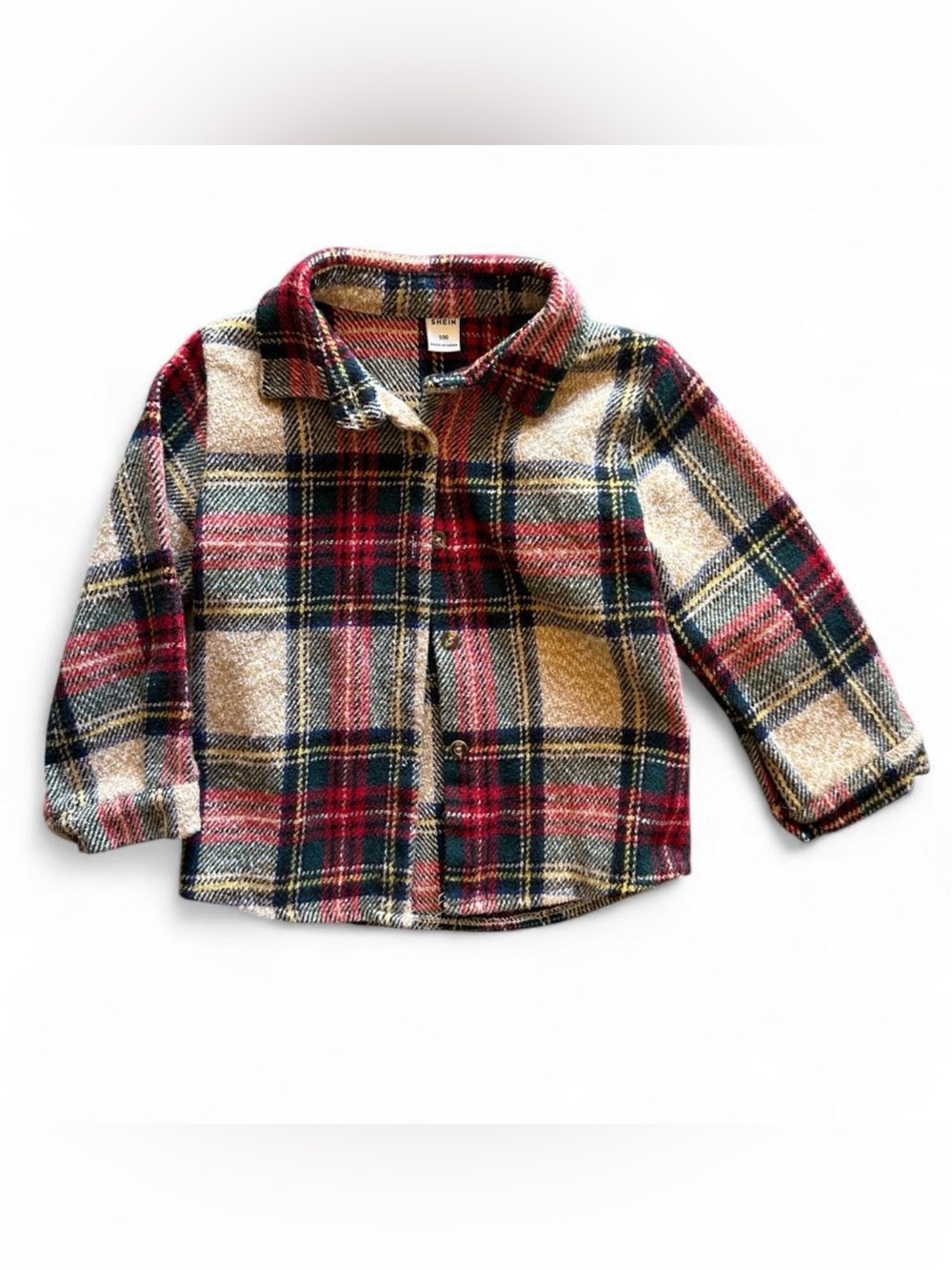 SHEIN Red, Green & Cream Plaid Button-Down Kids Shirt